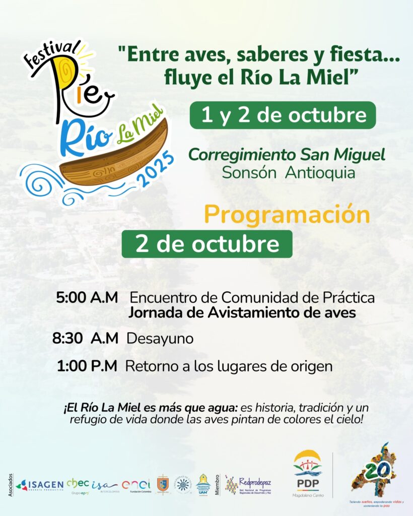 Puede ser una imagen de texto que dice "Festival Rie ley "Entre aves, saberes y fiesta... fluye el Río La Miel" 1y2de 2 de octubre ഉ്ലെുടട 2025 Rio @amd Corregimiento San Miguel Sonsón Antioquia Programación 2 de octubre 5:00 A.M Encuentro de Comunidad de Práctica Jornada de Avistamiento de aves 8:30 A.M Desayuno 1:00 P.M Retorno a los lugares de origen ι Río La Miel es más que agua: es historia, tradición un refugio de vida donde las aves pintan de colores el cielo! Sannn ISAGEN chec isa enei PIRILIISSILIN auKKprT UTEASL シ品ト FedacanBrioku Redprodepaz ် PDP "ญรกัน"